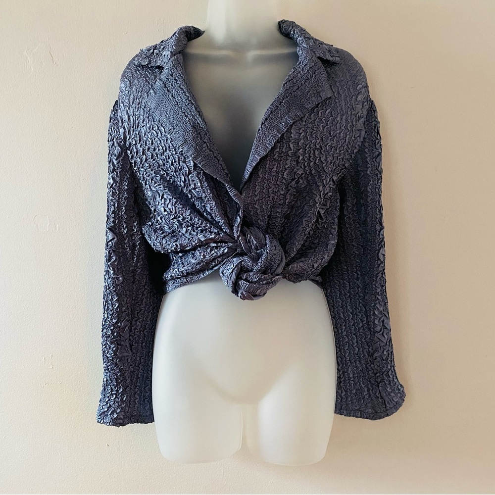 VINTAGE Y2k PERIWINKLE BLUE CRINKLE BUTTON UP BLOUSE